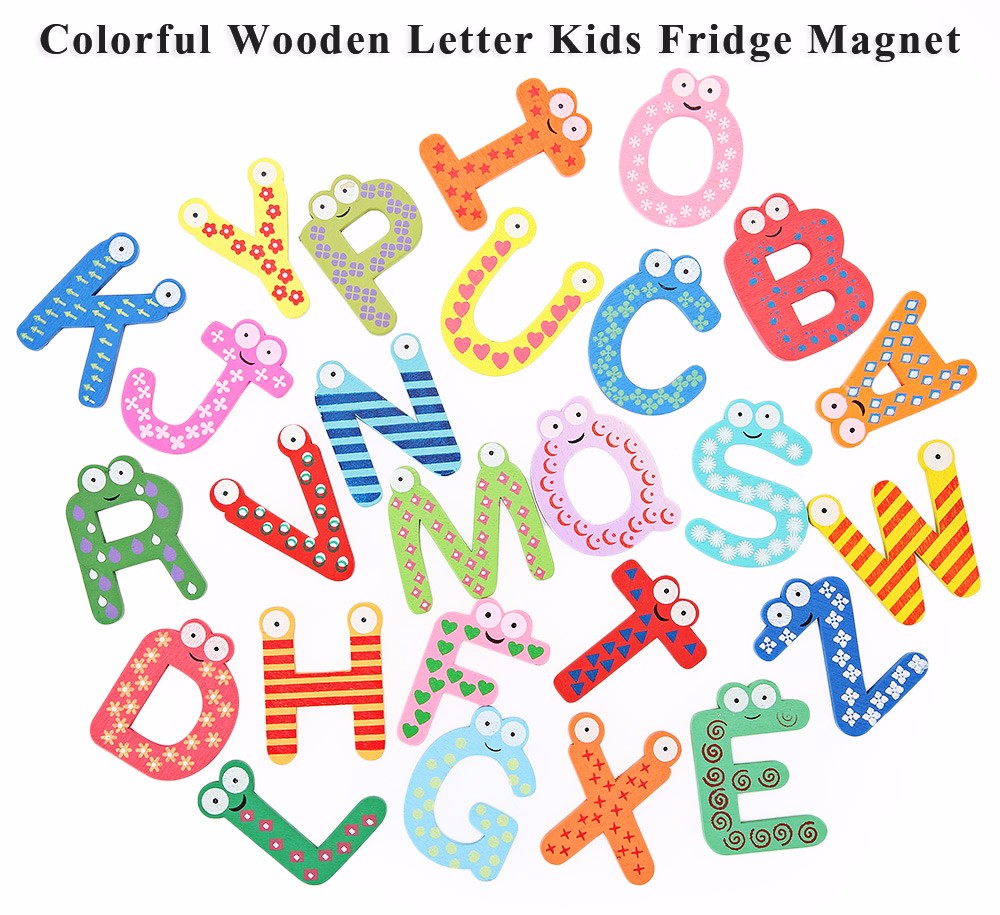 26Pcs Multicolor Wooden Cartoon Letter Fridge Magnet Intelligent Kids Toys