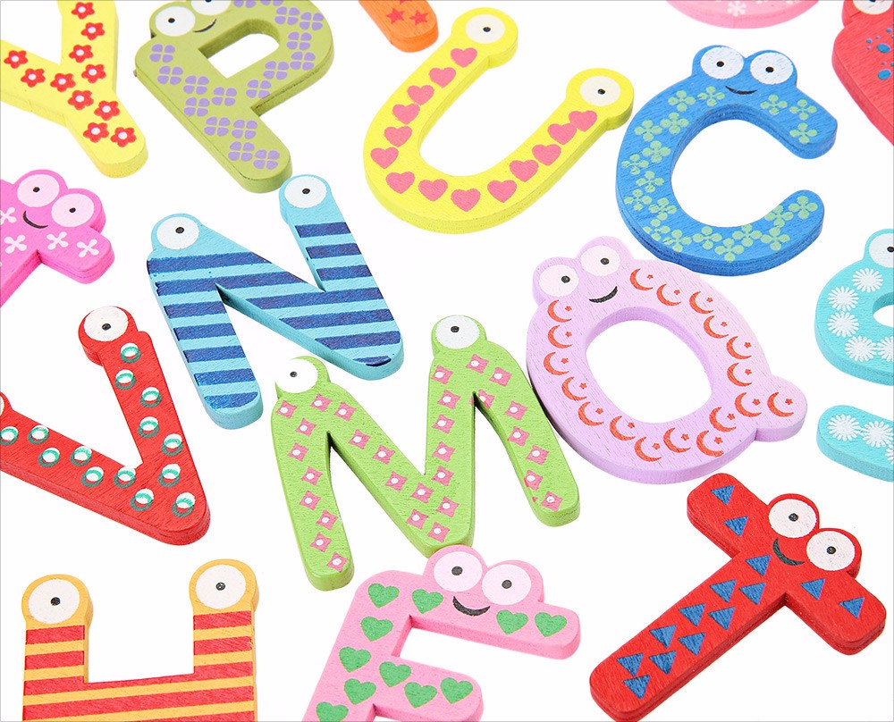 26Pcs Multicolor Wooden Cartoon Letter Fridge Magnet Intelligent Kids Toys