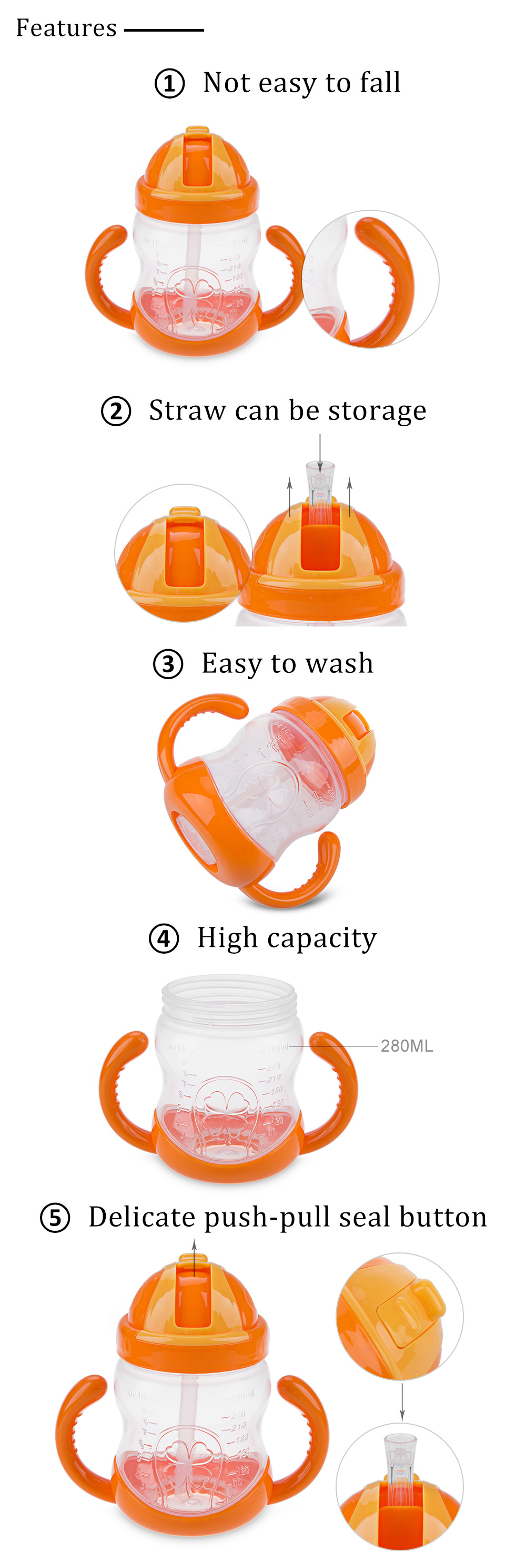 280ml Safety PP Material Children Straw Cup Drinking Bottle with Handles
