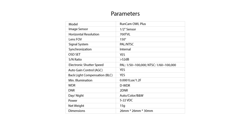 RUNCAM OWL Plus 700TVL 0.0001 LUX 150 Degree FOV 5 - 22V FPV Camera