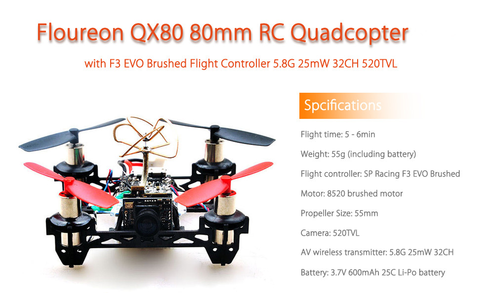 Floureon QX80 80mm 5.8G 32CH Brushed Quadcopter Frame Kit with F3 EVO - PNF
