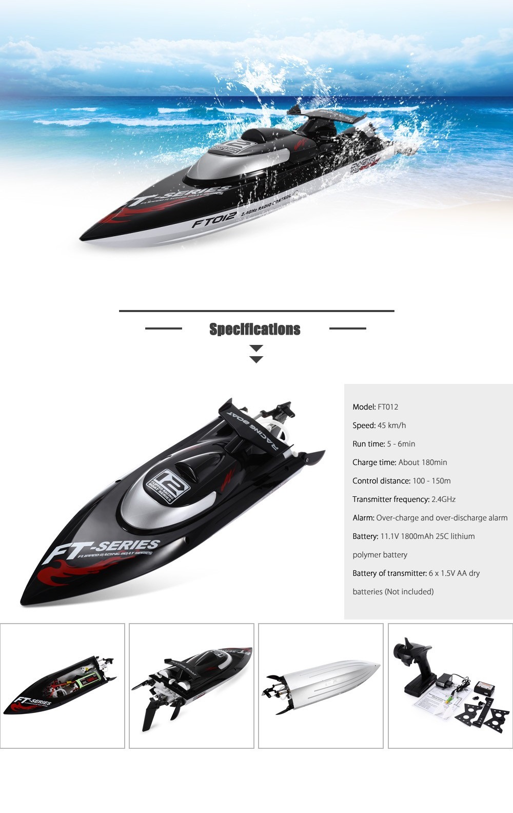 FeiLun FT012 2.4G 4CH Brushless RC Racing Boat Black 2A48467914