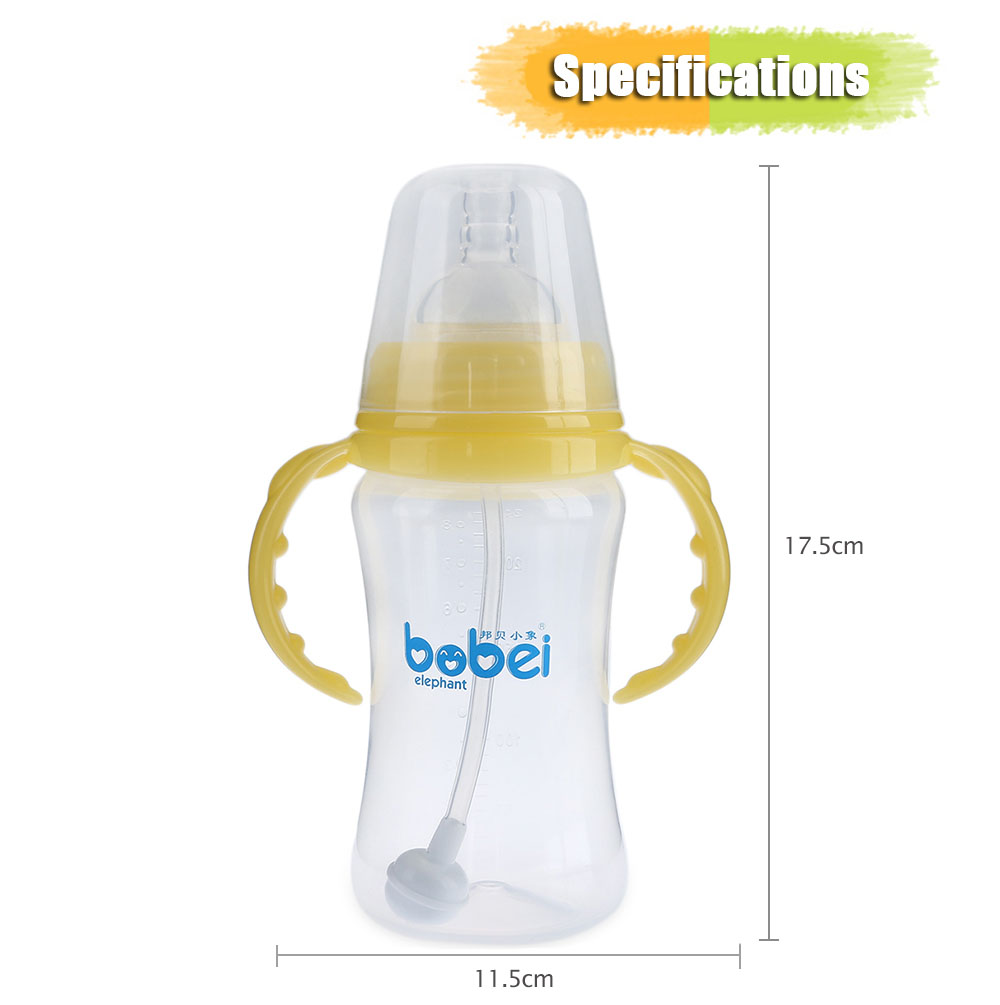 Bobei Elephant 240ml Newborn Baby Bottle with Handle Infant Kids Feeding Drinking Straw Milk Juice Water