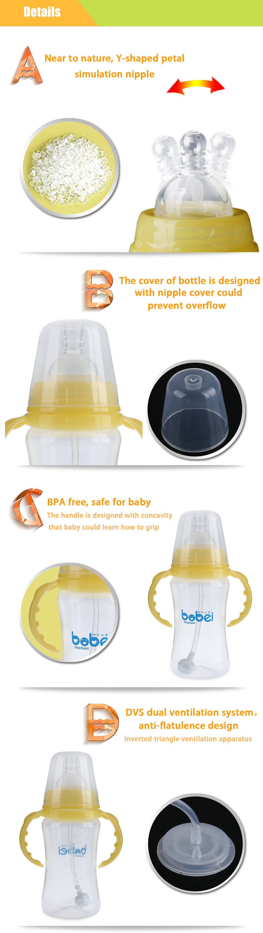 Bobei Elephant 240ml Newborn Baby Bottle with Handle Infant Kids Feeding Drinking Straw Milk Juice Water