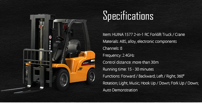 HUINA 1577 1:10 big scale metal 2-in-1 RC Forklift Truck / Crane RTR 2.4GHz 8CH / 360 Degree Rotation / Auto Demonstration / LED Light HUINA 1577 1:10 big scale metal 2-in-1 RC Forklift Truck / Crane RTR 2.4GHz 8CH / 360 Degree Rotation / Auto Demonstration / LED Light