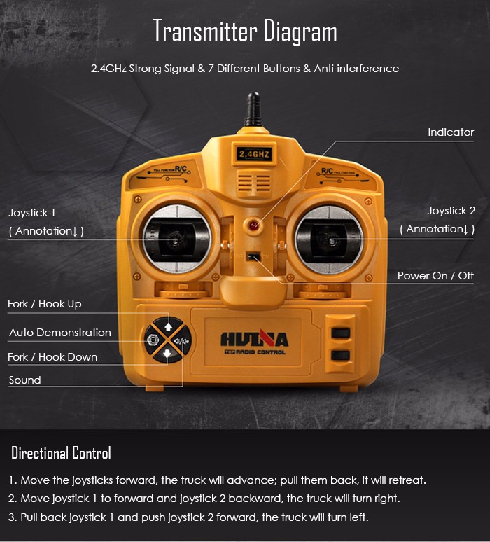 HUINA 1577 1:10 big scale metal 2-in-1 RC Forklift Truck / Crane RTR 2.4GHz 8CH / 360 Degree Rotation / Auto Demonstration / LED Light HUINA 1577 1:10 big scale metal 2-in-1 RC Forklift Truck / Crane RTR 2.4GHz 8CH / 360 Degree Rotation / Auto Demonstration / LED Light