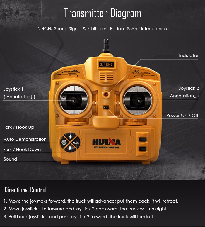 HUINA 1577 1：10 big scale metal 2-in-1 RC Forklift Truck / Crane RTR 2.4GHz 8CH / 360 Degree Rotation / Auto Demonstration / LED Light