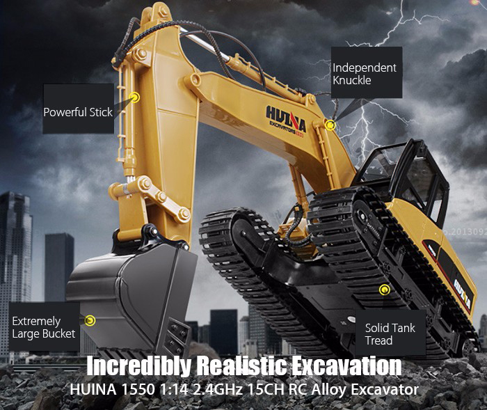 HUINA 1550 1:14 2.4GHz 15CH RC Alloy Excavator RTR with Independent Arms Programming Auto Demonstration Function