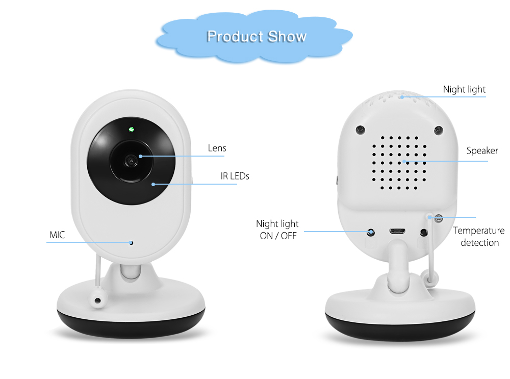 2.4G Wireless Digital Video Baby Monitor with Night Vision Two-way Talk 2.4 inch LCD Display Temperature Detection