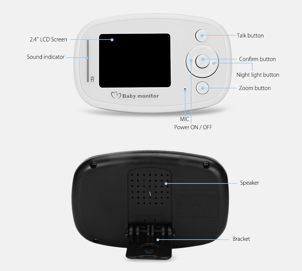 2.4G Wireless Digital Video Baby Monitor with Night Vision Two-way Talk 2.4 inch LCD Display Temperature Detection