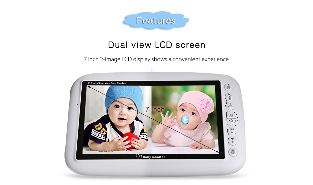 7.0 inch 2.4GHz Wireless TFT LCD Dual View Video Baby Monitor with Infrared Night Vision