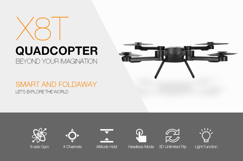 X8T Foldable RC Quadcopter 2.4G 4CH 6-axis Gyro Altitude Hold Headless Mode Drone RTF X8T Foldable RC Quadcopter 2.4G 4CH 6-axis Gyro Altitude Hold Headless Mode Drone RTF