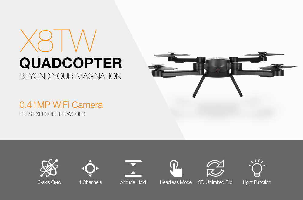 X8TW Foldable 0.41MP WiFi Camera RC Quadcopter 2.4G 4CH 6-axis Gyro Altitude Hold Headless Mode Drone RTF X8TW Foldable 0.41MP WiFi Camera RC Quadcopter 2.4G 4CH 6-axis Gyro Altitude Hold Headless Mode Drone RTF