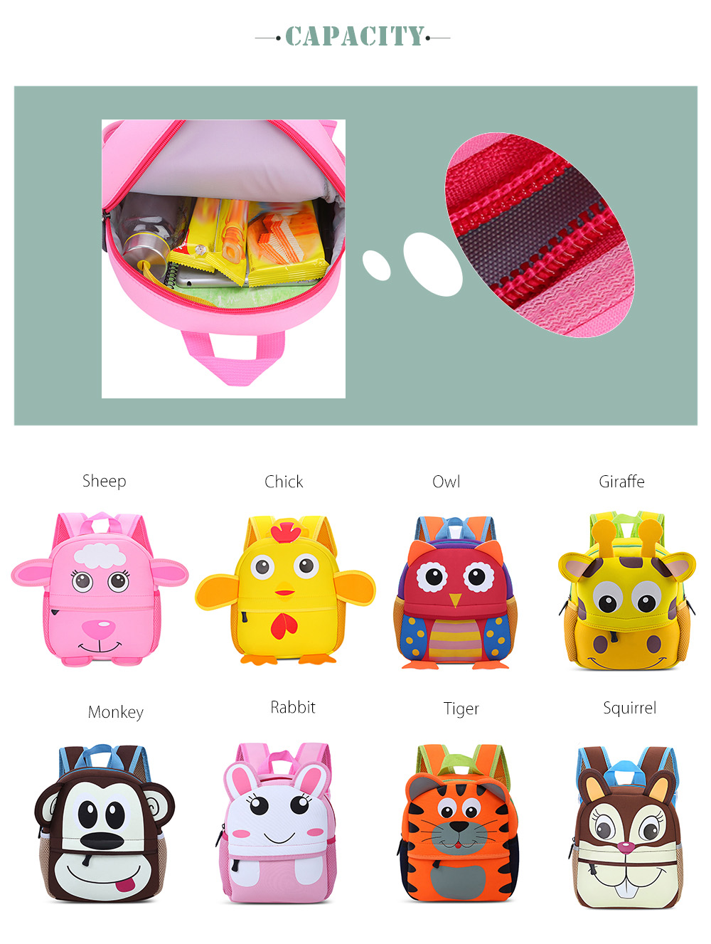 TongChang Colorful Cartoon Animal Design Waterproof Durable Children School Bag