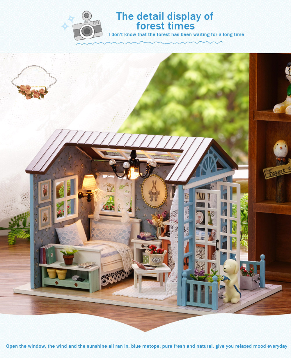 Doll Miniature Wooden House Studio Kit with LED Light Furniture DIY Handcraft Toy