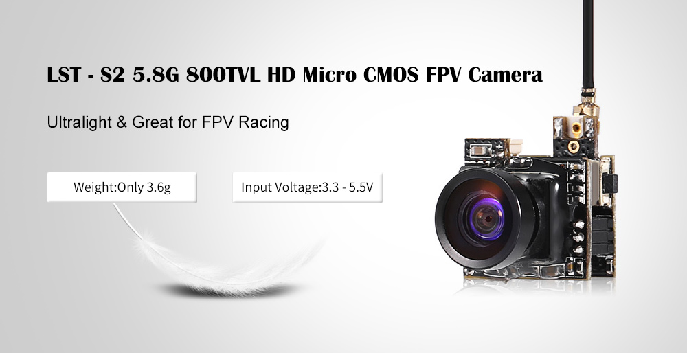 LST - S2 5.8G 800TVL HD Micro CMOS FPV Camera 150-degree Angle of View 3.6g Ultralight NTSC / PAL Switchable