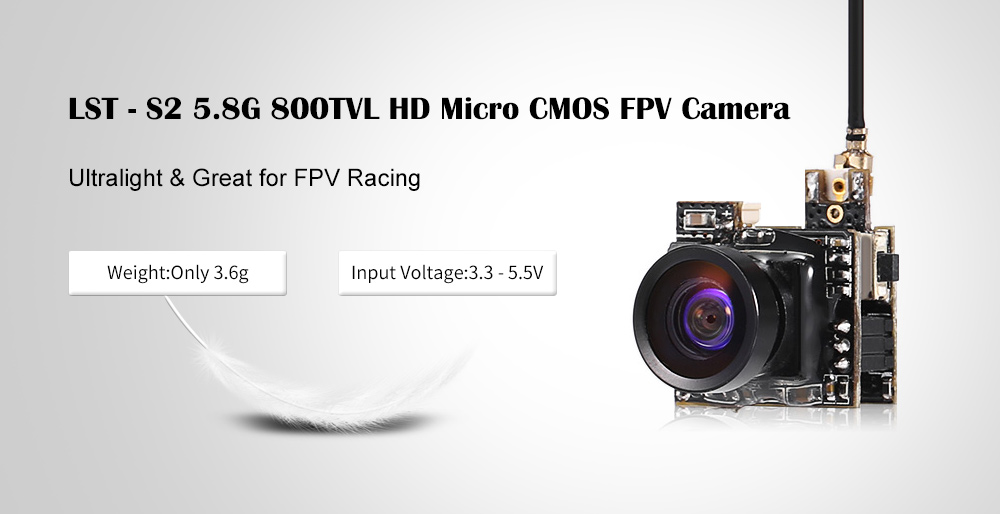 LST - S2 5.8G 800TVL HD Micro CMOS FPV Camera 150-degree Angle of View 3.6g Ultralight NTSC / PAL Switchable LST - S2 5.8G 800TVL HD Micro CMOS FPV Camera 150-degree Angle of View 3.6g Ultralight NTSC / PAL Switchable