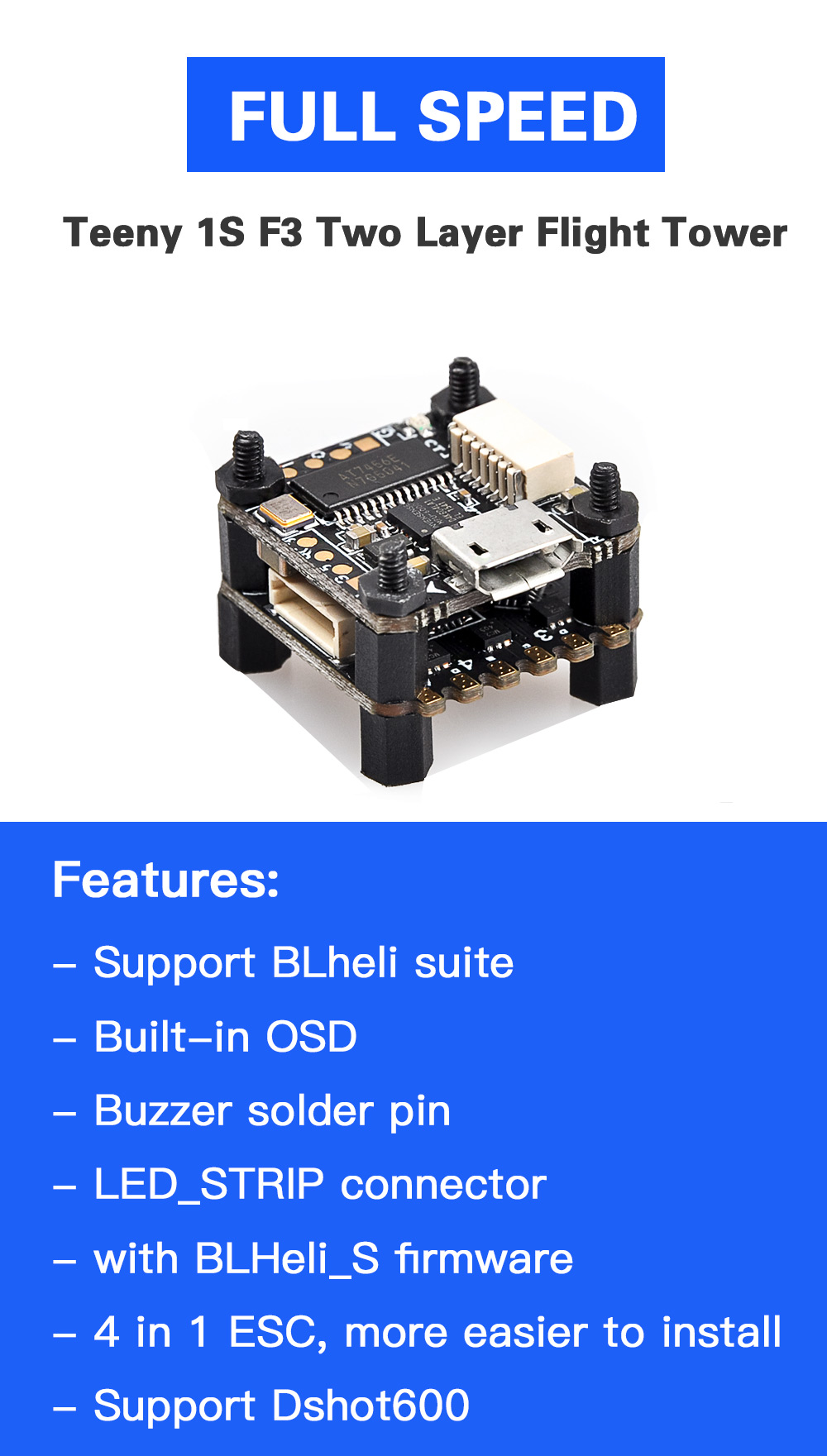 FULL SPEED Teeny 1S Brushless F3 Flight Tower 16 x 16 Mounting Hole for Bat-100 BeeBee-66 Micro Racing Drone FULL SPEED Teeny 1S Brushless F3 Flight Tower 16 x 16 Mounting Hole for Bat-100 BeeBee-66 Micro Racing Drone