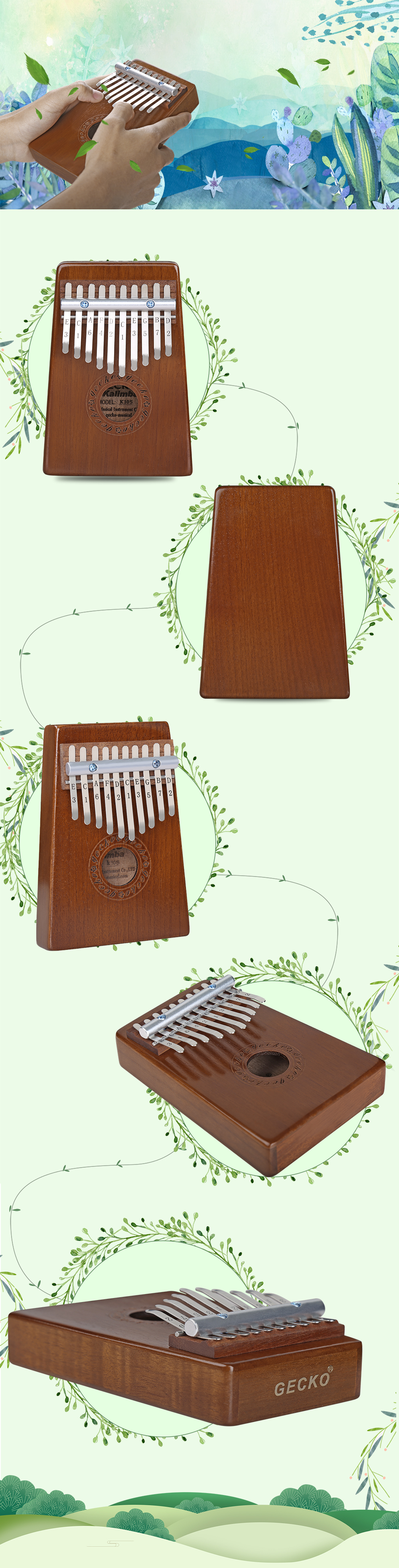 GECKO Kalimba Mbira Sanza 10 Keys Thumb Piano with Musical Notation