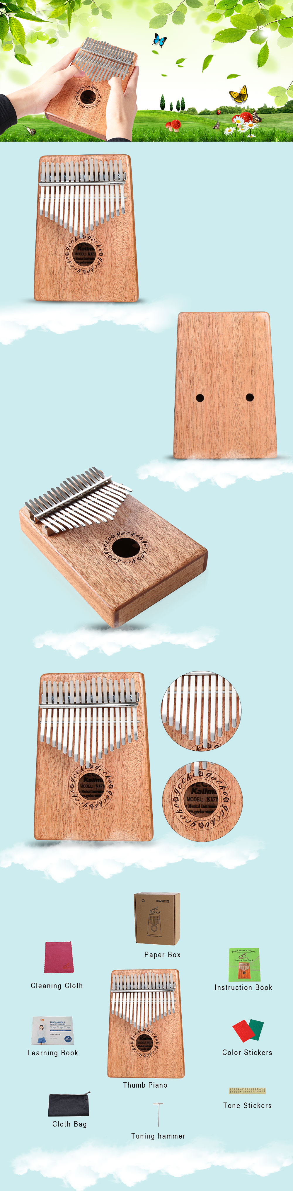 GECKO Kalimba Mbira Sanza 17 Keys Thumb Piano with Musical Notation