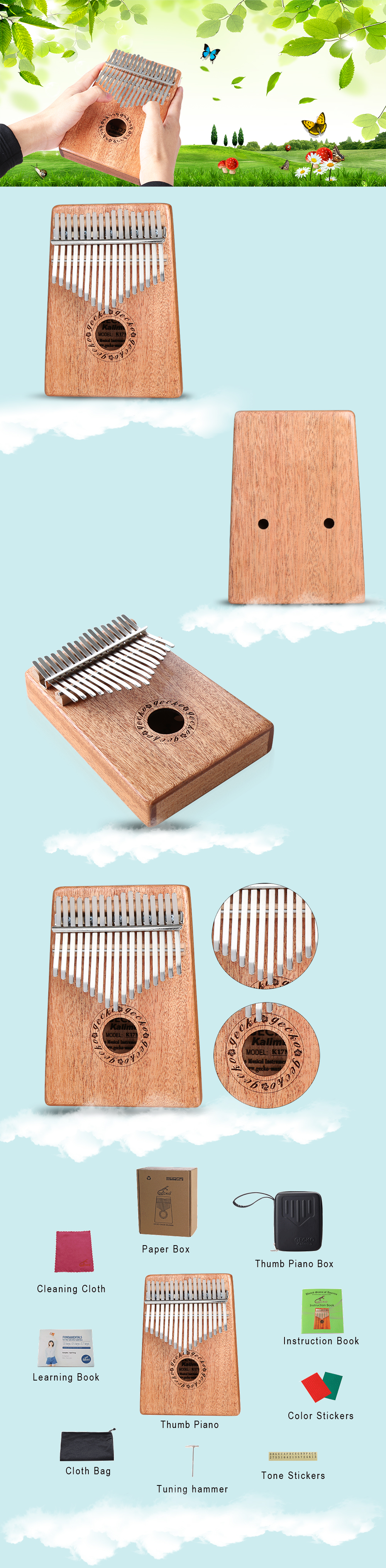 GECKO Mbira Sanza 17 Keys Thumb Piano with Kalimba BOX and Musical Notation