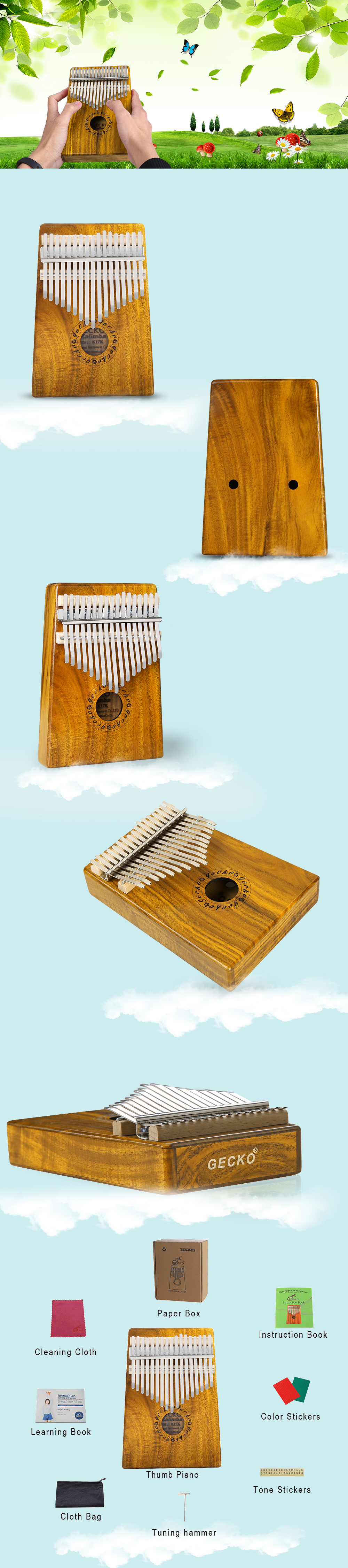 GECKO Kalimba Mbira Sanza 17 Keys Thumb Piano with Musical Notation Koa Wood