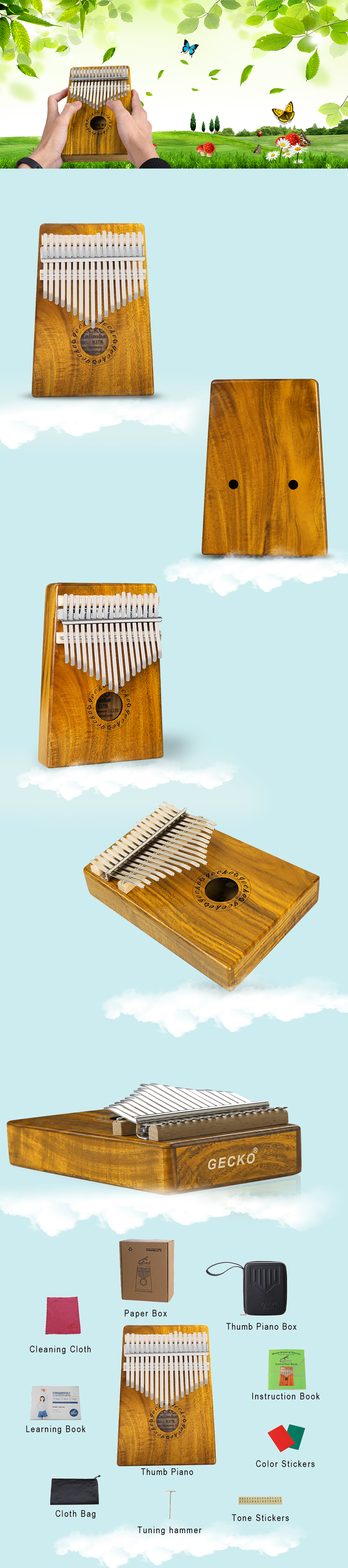 GECKO Mbira Sanza 17 Keys Thumb Piano with Kalimba Box and Musical Notation Mahogany Wood