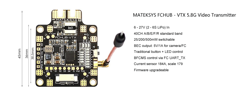 Matek Systems FCHUB - VTX F4 F405 Mini Flight Controller Integrated OSD 32K Gyro 32M Flash 20X20mm for RC Drone FPV Racing Matek Systems FCHUB - VTX F4 F405 Mini Flight Controller Integrated OSD 32K Gyro 32M Flash 20X20mm for RC Drone FPV Racing