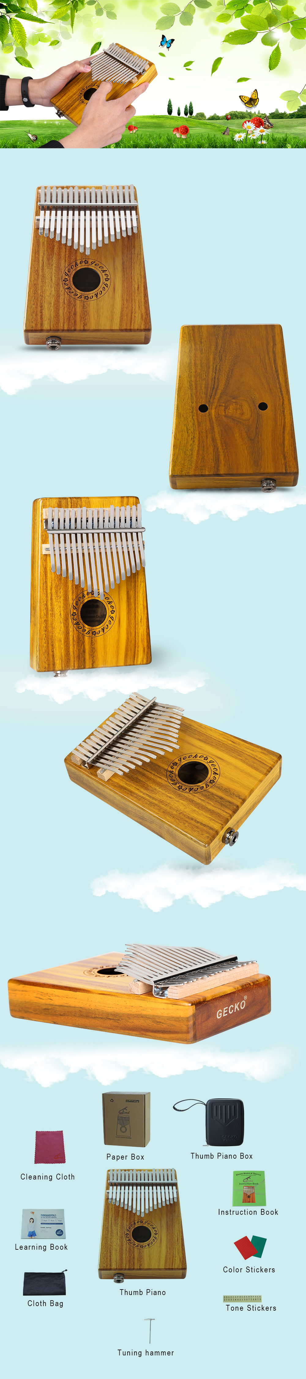 GECKO Mbira Sanza 17 Keys Thumb Piano with Kalimba BOX