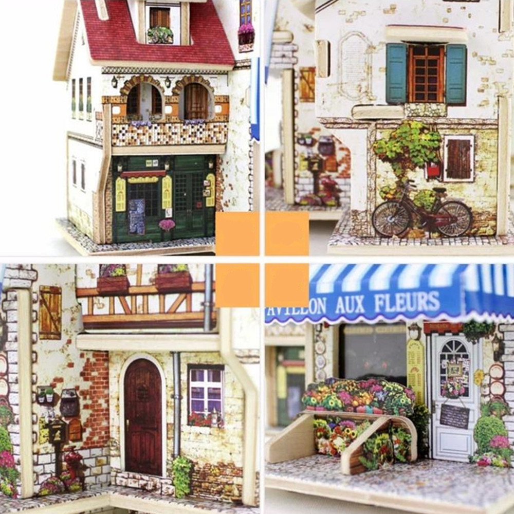 Creative 3D Wood Puzzle DIY Model French Style Flower Shop Building Puzzle Toy