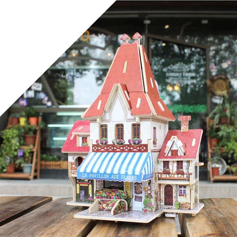 Creative 3D Wood Puzzle DIY Model French Style Flower Shop Building Puzzle Toy