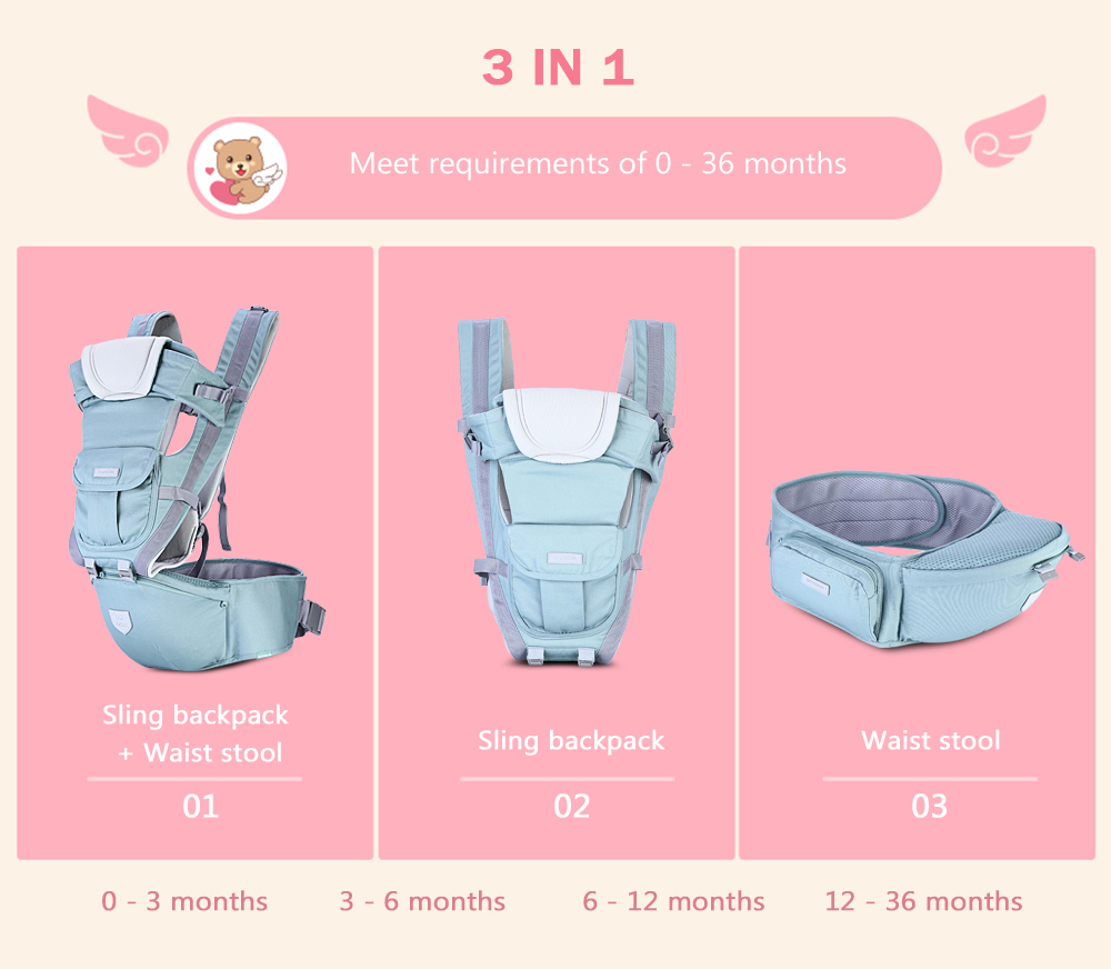 Bethbear 3 in 1 Hipseat Ergonomic Baby Carrier 0 - 36 Months Wrap Infant Sling Backpack