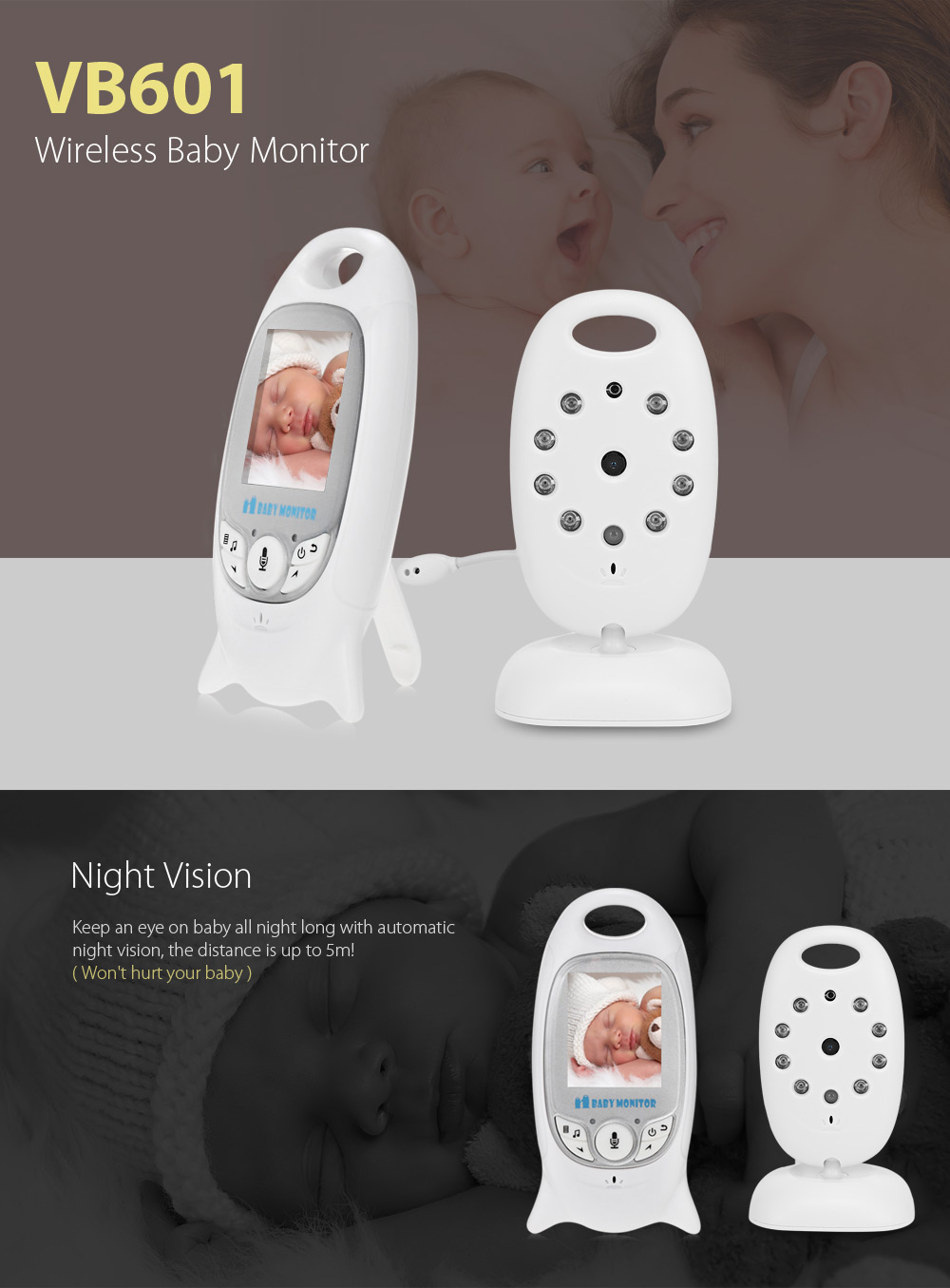 VB601 2.4G Wireless Baby Video Monitor with Night Vision Two-way Talk LCD Display Temperature Monitoring
