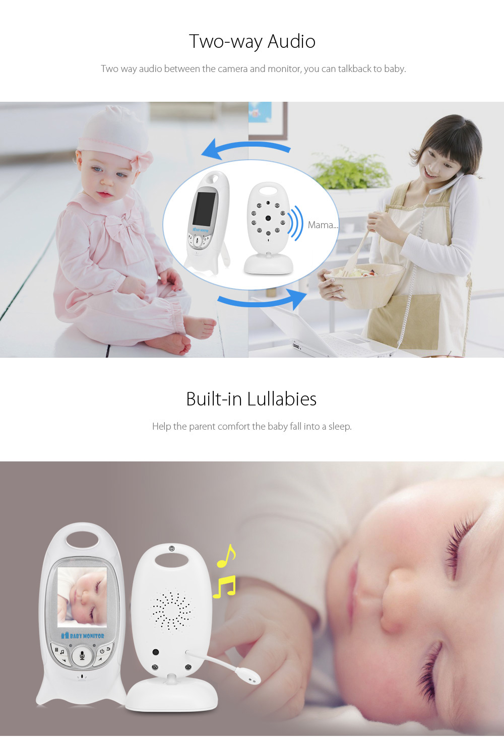 VB601 2.4G Wireless Baby Video Monitor with Night Vision Two-way Talk LCD Display Temperature Monitoring