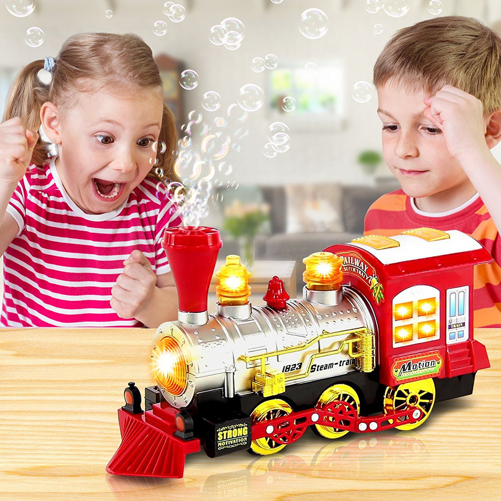 Creative Bubble Blowing Battery Powered Locomotive Music Train Toy with Light