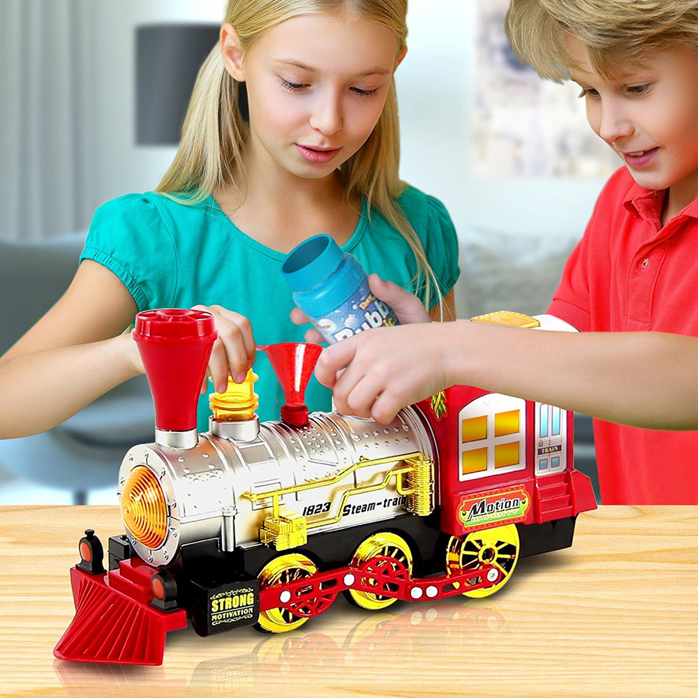 Creative Bubble Blowing Battery Powered Locomotive Music Train Toy with Light