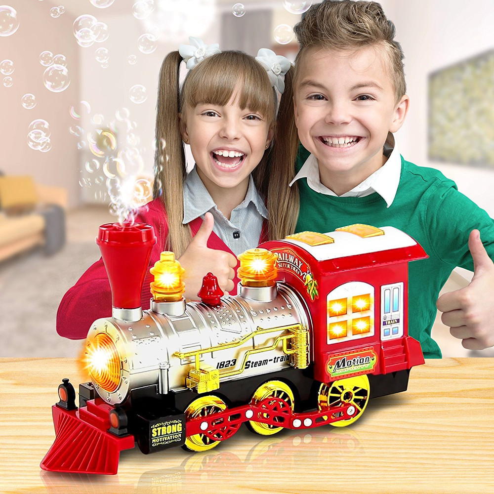 Creative Bubble Blowing Battery Powered Locomotive Music Train Toy with Light