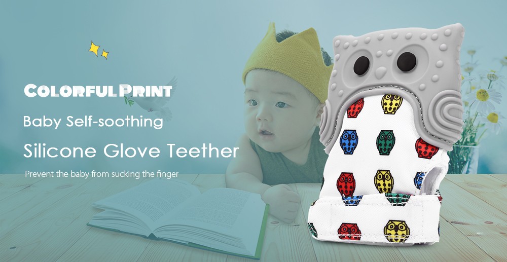 Owl Print Teething Mitten Baby Self-soothing Silicone Glove Teether