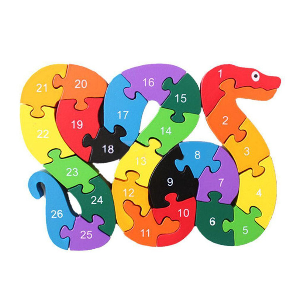 Children Wooden Block Toy Alphabet Number Building Jigsaw Puzzle Snake Shape