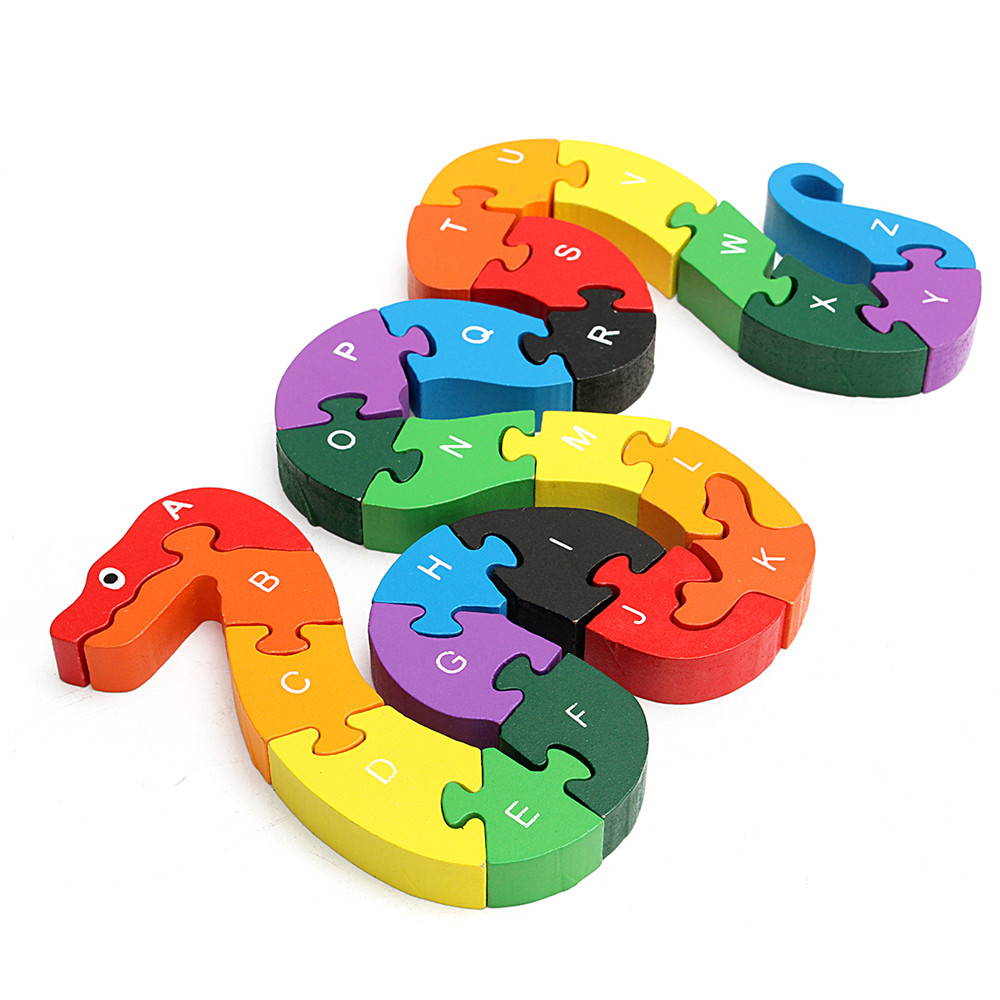 Children Wooden Block Toy Alphabet Number Building Jigsaw Puzzle Snake Shape