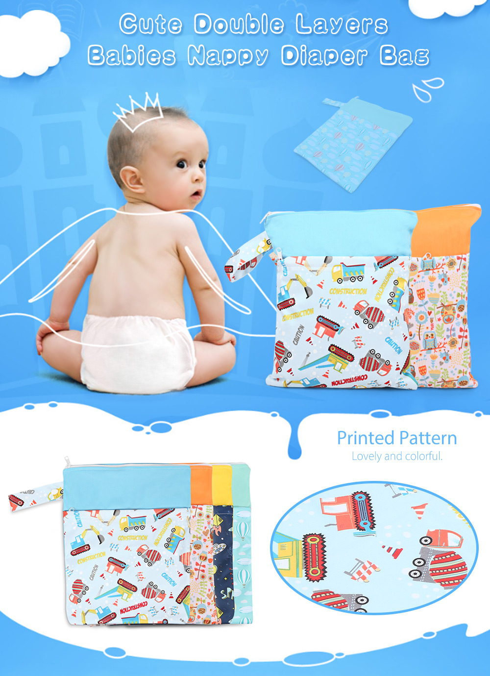 Cute Double Layers Portable Reusable Printed Babies Nappy Diaper Bag