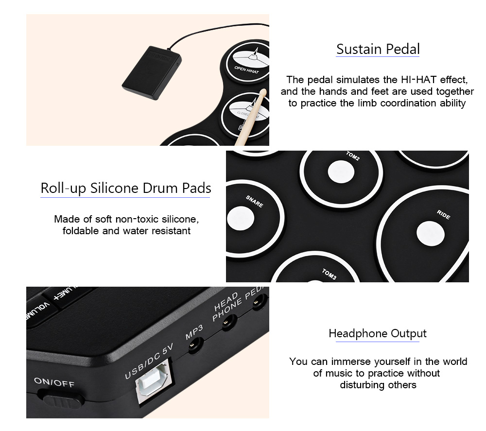 AEOFUN G4009 Electronic Roll Up Drum Kit with 5 Timbres and 8 Demo Songs AEOFUN G4009 Electronic Roll Up Drum Kit with 5 Timbres and 8 Demo Songs