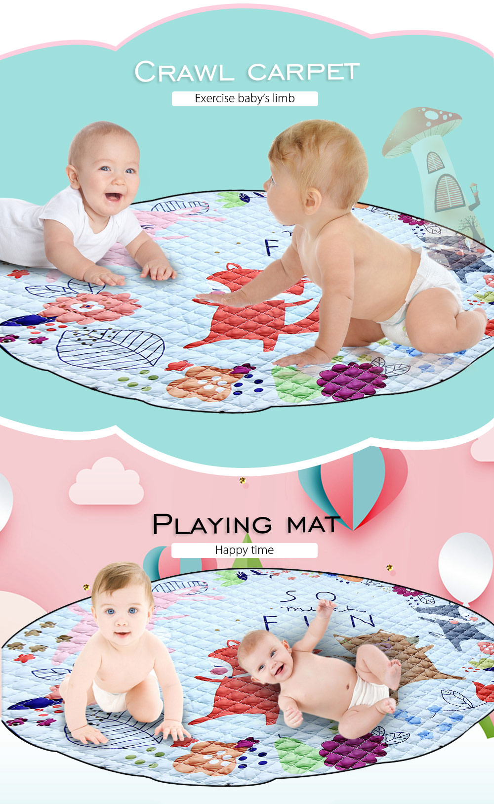 Round Cartoon Baby Crawling Carpet Kids Playing Mat Children Paradise