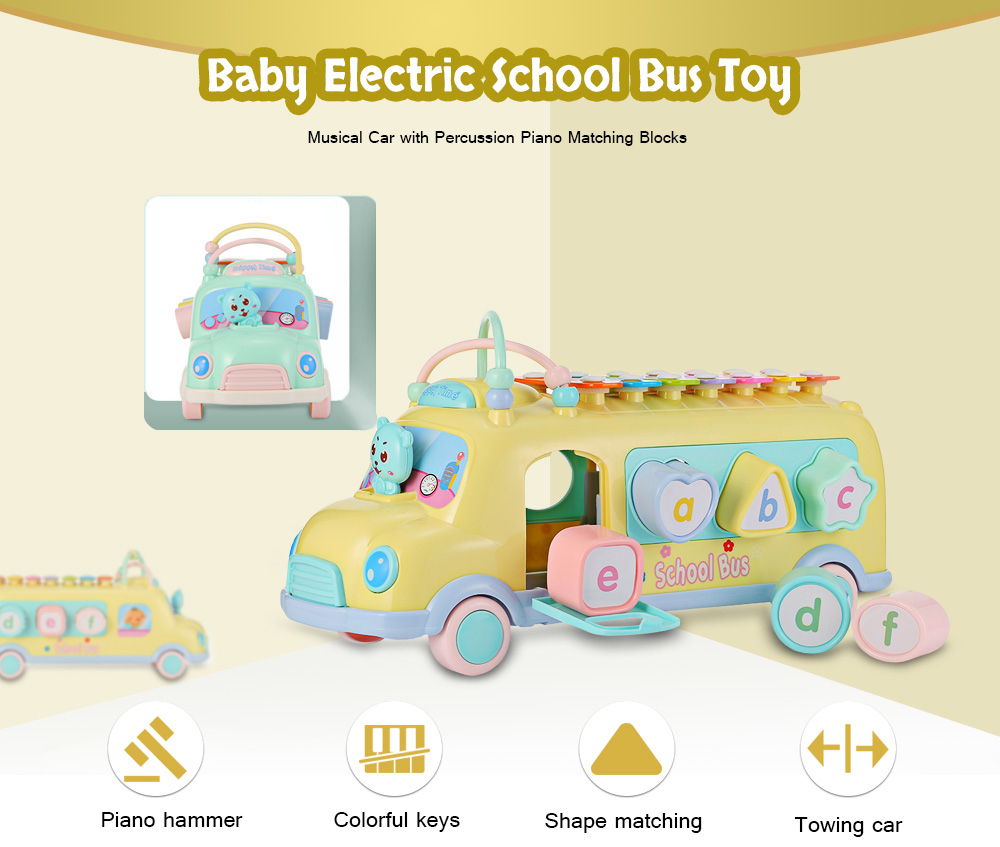 1022 - 9 Baby School Bus Toy Music Car with Percussion Piano Matching Blocks