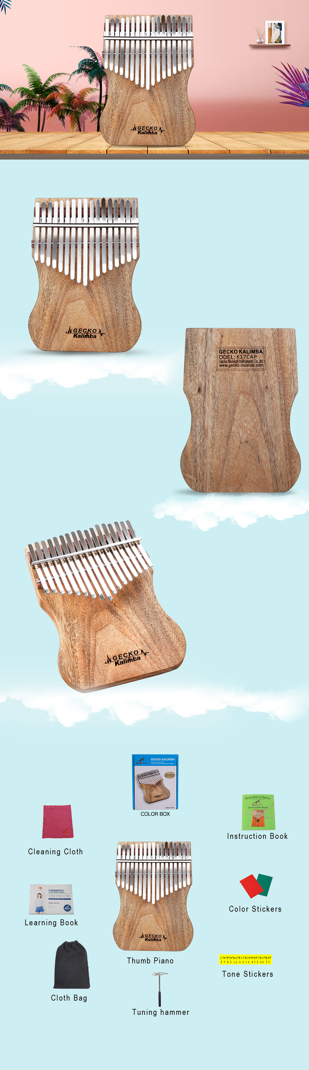 GECKO Kalimba 17 Keys Camphor Wood with Instruction and Tune Hammer GECKO Kalimba 17 Keys Camphor Wood with Instruction and Tune Hammer