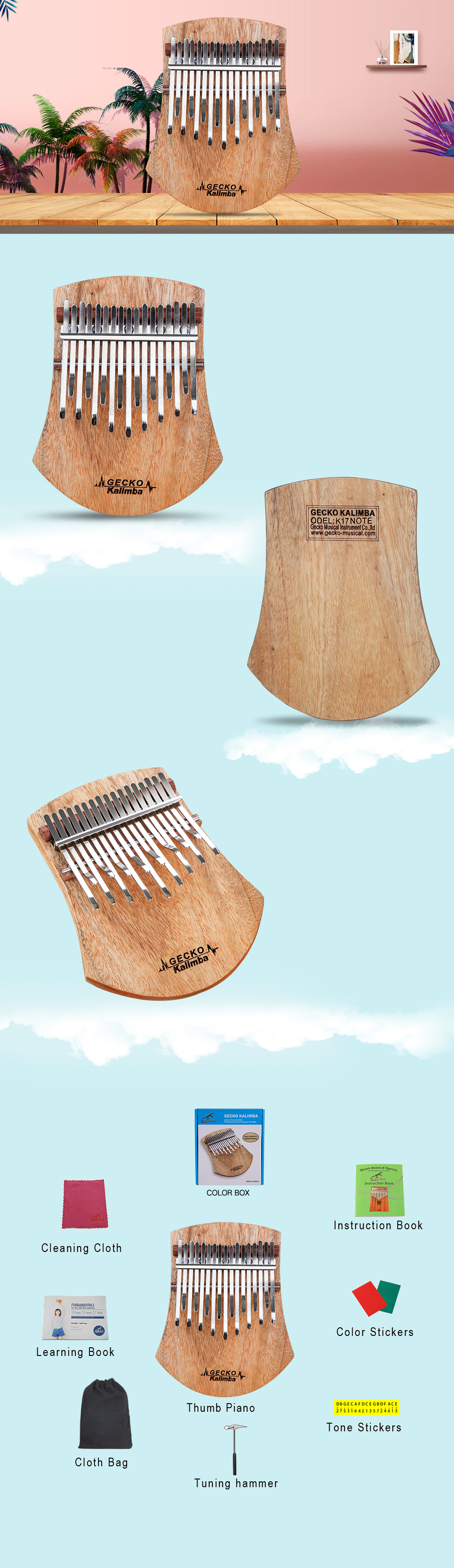 GECKO Kalimba 17 Keys Thumb Pinao Camphor wood with Instruction and Tune Hammer