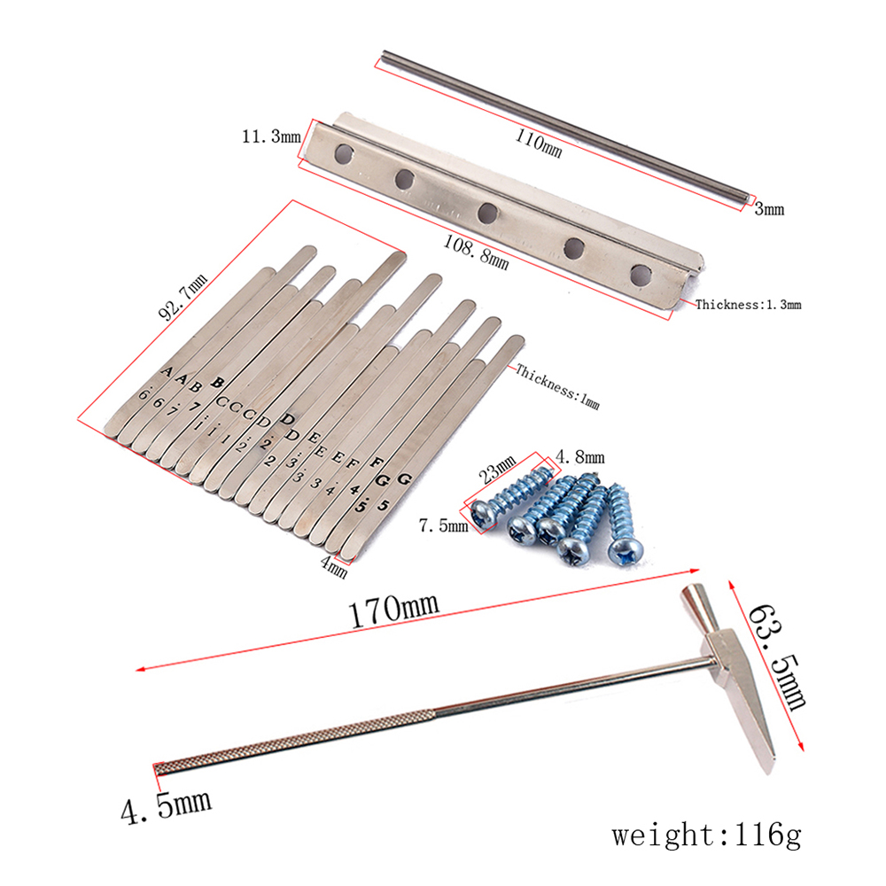 Musical Steel Keys and Tuner Hammer for 17 Note Kalimba Thumb Piano