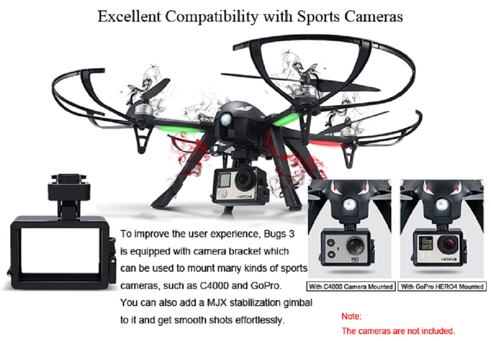 MJX B3 Bugs 3 RC Quadcopter RTF Two-way 2.4GHz 4CH with Action Camera Bracket