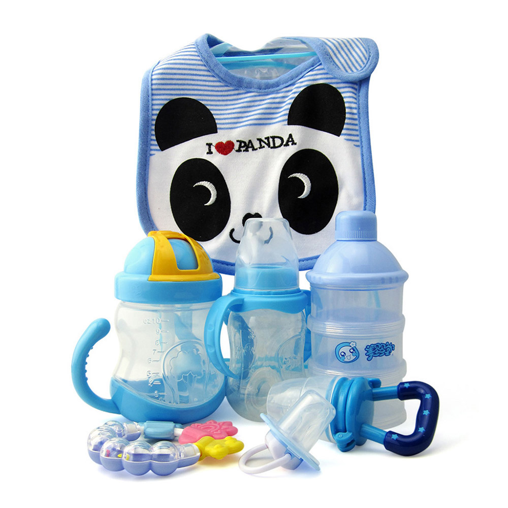 7pcs Baby' Feeding Set Cartoon Feeding Bottle Burp Cloth Milk Powder Storage