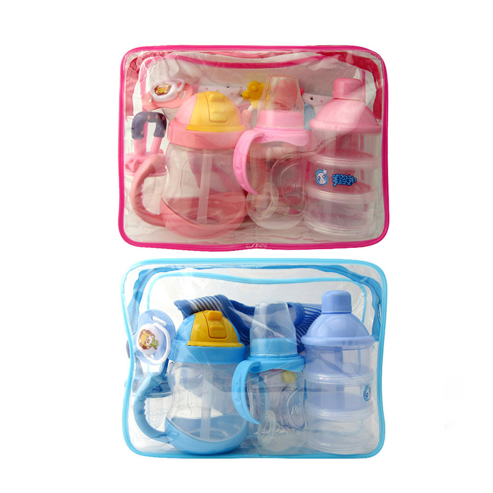 7pcs Baby' Feeding Set Cartoon Feeding Bottle Burp Cloth Milk Powder Storage